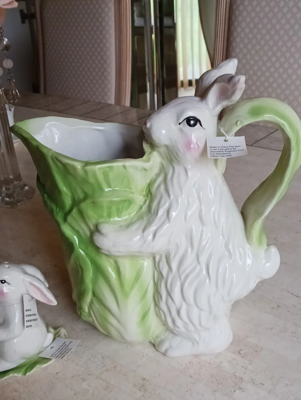Vase/pitcher W/salt& Pepper Shaker. Bunny- Lettue Leaf Design,by Valeri-QVC..NEW